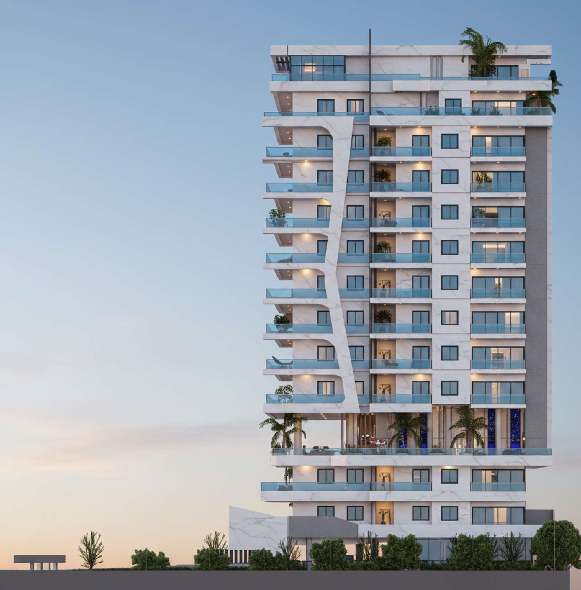 Immeuble Zara : façade au crépuscule